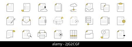 Set di icone doodle funzionano con documenti, archiviazione. I segni lineari vettoriali isolati vengono caricati sul cloud, scaricati, trasferiti online, stampa di carta, file e cartelle con penna, ingranaggio, orologio, busta Illustrazione Vettoriale