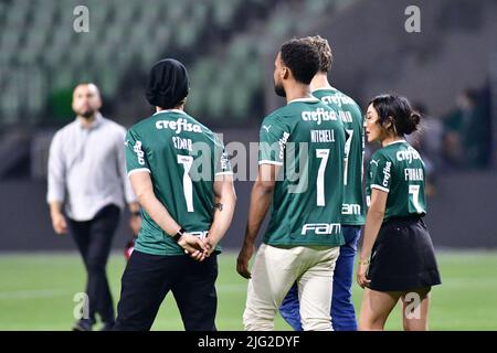 San Paolo, Brasile. 6 luglio 2022, SÃ Paulo, SÃ Paulo, BRASILE, Brasile: SÃƒO PAULO, BRASILE - 6 LUGLIO: La Cast dei ragazzi all'interno del campo di calcio dopo la partita Copa CONMEBOL Libertadores tra Palmeiras e Cerro PorteÃ±o all'Allianz Parque Arena il 6 luglio 2022 a SÃ£o Paulo, Brasile. Il cast di 'The Boys' si trova a SÃ£o Paulo per promuovere l'attesissima terza stagione finale, che sarà in onda il 8 luglio. (Credit Image: © Leandro Bernardes/PX Imagens via ZUMA Press Wire) Credit: ZUMA Press, Inc./Alamy Live News Foto Stock