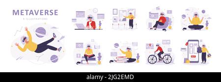 Concetto di metaversione e realtà virtuale. Donne anziane in occhiali VR imparare, meditare, lavorare e fare sport. Intrattenimento tecnologico moderno Illustrazione Vettoriale