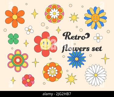 60s set di adesivi floreali. Chiazze hippie floreali, badge grovy. Vibes retro - elementi vettoriali isolati Illustrazione Vettoriale