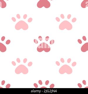 Rosa gatto senza cuciture motivo. Illustrazione del vettore di sfondo delle zampe meuca e gatto. Carino personaggio pastello cartoon per la stampa bambino ragazza asilo. Illustrazione Vettoriale