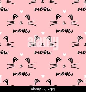 Rosa gatto senza cuciture motivo. Illustrazione del vettore di sfondo delle zampe meuca e gatto. Carino personaggio pastello cartoon per la stampa bambino ragazza asilo. Illustrazione Vettoriale
