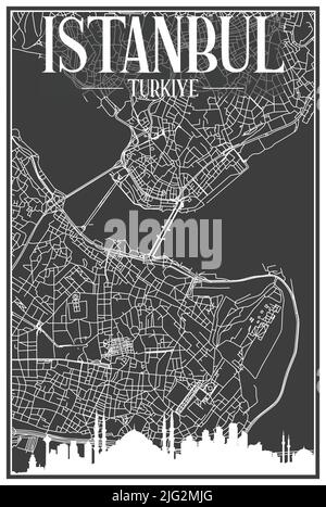 Stampa scura poster della città con skyline panoramico e rete di strade disegnate a mano su sfondo grigio scuro del centro DI ISTANBUL, TURCHIA Illustrazione Vettoriale