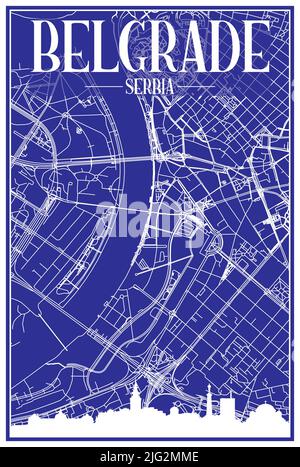 Stampa del disegno tecnico poster della città con skyline panoramico e rete di strade disegnate a mano su sfondo blu del centro di BELGRADO, SERBIA Illustrazione Vettoriale