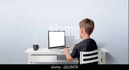 Giovane ragazzo che lavora sul computer portatile. Notebook con display isolato per la promozione di pagine Web. Vista posteriore con spazio di copia sulla parete Foto Stock