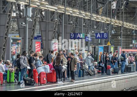 Reisende, Bahnsteig, Hauptbahnhof, Francoforte sul meno, Hessen, Germania Foto Stock