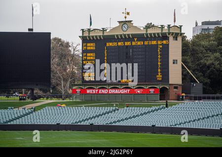 7 luglio 2022: Vecchio tabellone all'Adelaide Oval Foto Stock