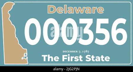 Contrassegno delle targhe del veicolo in Delaware negli Stati Uniti d'America, targhe del veicolo.numeri di targa del veicolo di Stati Uniti diversi.Stampa vintage Illustrazione Vettoriale
