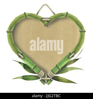 Un telaio a forma di cuore fatto di steli di bambù con un supporto di cartone, corda di iuta e foglie. Illustrazione dell'acquerello. Per decorazione, design di Foto Stock