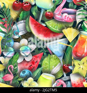 Frutti tropicali, bacche, foglie di palma, cocktail sulla spiaggia, fenicotteri rosa. Acquerello, motivo senza giunture. Per tessuti, tessuti, sfondi, copertine Foto Stock