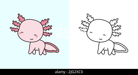 Imposta clipart Axolotl multicolore e bianco e nero. Kawaii clip Art Axolotl. Illustrazione vettoriale di un animale di Kawaii per stampe per vestiti, adesivi Illustrazione Vettoriale