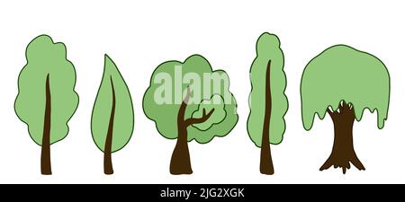 Set di alberi di bosco e giardino in verde. Isolato su sfondo bianco. Foto Stock