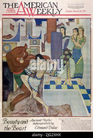 'Maids of Athens and the Minotaur' pubblicato il 28 marzo 1937 nella rivista settimanale americana, illustrata da Edmund Dulac per "Beauty and the Beast" Foto Stock