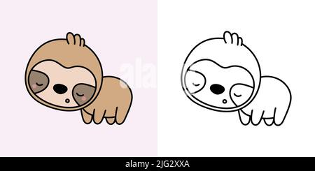 Cute Clipart Sloth Illustrazione e per colorare pagina. Cartoon clip Art Sloth. Illustrazione vettoriale di un animale di Kawaii per gli adesivi, acquazzone del bambino Illustrazione Vettoriale