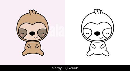 Kawaii Sloth Clipart multicolore e bianco e nero. Cute Kawaii Sloth. Illustrazione vettoriale di un animale Kawaii per adesivi, stampe per abiti Illustrazione Vettoriale