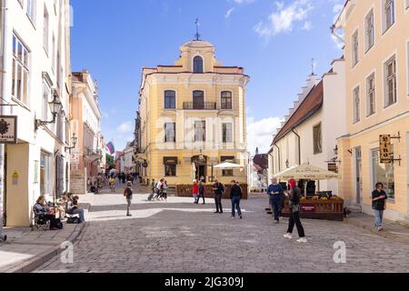 Tallinn viaggio; Tallinn città vecchia strada scena, guardando giù Pikk strada acciottolata in un giorno d'estate, Tallinn Estonia Stati baltici, Europa Foto Stock