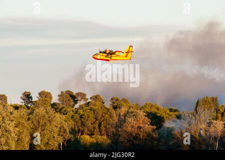 Canadaire cercando di spegnere un fuoco nella gariga in estate in Occitanie, Francia Foto Stock