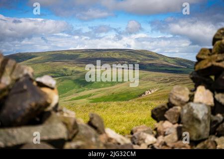 Vista del Cheviot dal cairn sulla cima di Windy Gyle, confine tra Inghilterra e Scozia nel Northumberland Foto Stock