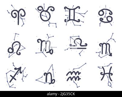 Set vettoriale di segni zodiacali con costellazioni in stile doodle isolate su sfondo bianco. Simboli oroscopo clip art. Illustrazione Vettoriale