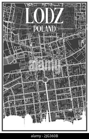 Stampa scura poster città con skyline panoramico e rete di strade disegnate a mano su sfondo grigio scuro del centro DI LODZ, POLONIA Illustrazione Vettoriale