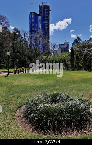 038 paesaggio urbano con alti grattacieli visti sopra i Giardini Botanici della Città. Brisbane, Australia. Foto Stock