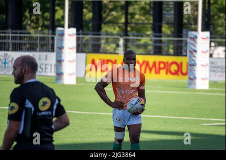 Giocatore Costa d'Avorio durante la Rugby Africa Cup 2022, Coppa del mondo 2023 qualificatori, incontro di rugby tra Burkina Faso e Costa d'Avorio il 6 luglio 2022 allo stadio Maurice David di Aix-en-Provence, Francia - Foto Florian Frison / DPPI Foto Stock