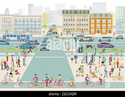 Grande città con persone e traffico stradale e di fronte agli edifici, illustrazione Illustrazione Vettoriale