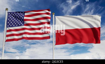 Bandiere americane e polacche sul cielo blu. Concetto di diplomazia, accordo, relazioni internazionali, commercio, affari tra USA e Polonia. 3D rendering Foto Stock