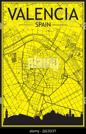 Stampa dorata poster della città con skyline panoramico e rete di strade disegnate a mano su sfondo giallo e nero del centro di VALENCIA, SPAGNA Illustrazione Vettoriale