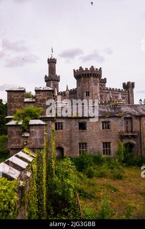 Torrette e torri del revival gotico rovine del castello di Charleville a Tullamore, Irlanda. Foto Stock
