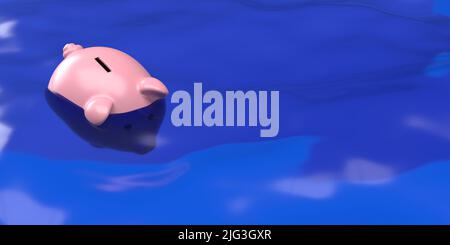 Pig banca che affonda in acqua. Recessione globale fallimento 3D rendere concetto. Crisi finanziarie ed economiche. Aumento dell'inflazione. La banca del piggy annega in deb Foto Stock