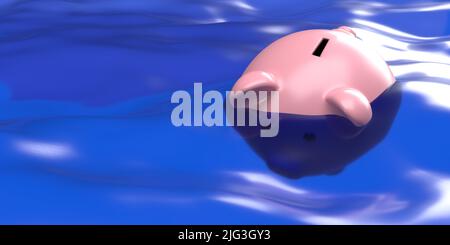 Piggy banca annegata in acqua. Recessione globale fallimento 3D rendere concetto. Crisi finanziarie ed economiche. Aumento dell'inflazione. Piggy banca lavelli in deb Foto Stock