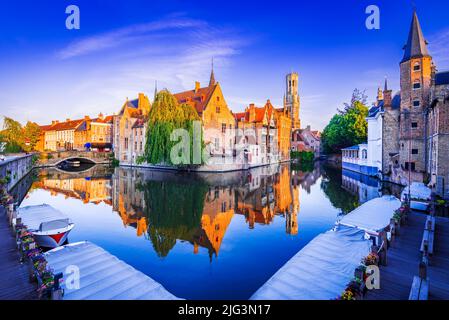 Bruges, Belgio. Il paesaggio dell'ora d'oro con lo splendido Rozenhoedkaai a Brugge, famoso punto di riferimento delle Fiandre. Foto Stock