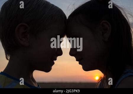 primo piano delle sagome delle teste di un ragazzo e di una ragazza, premendo la fronte l'una contro l'altra sullo sfondo del tramonto del sole. sensazione di tenerezza Foto Stock