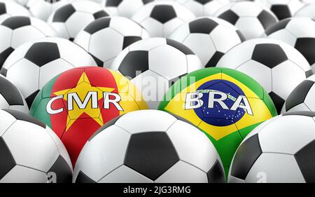 Camerun vs Brasile Soccer Match - sfere di pelle in Camerun e Brasile colori nazionali. 3D rendering Foto Stock