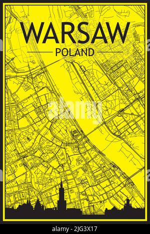 Stampa dorata poster della città con skyline panoramico e rete di strade disegnate a mano su sfondo giallo e nero del centro di VARSAVIA, POLONIA Illustrazione Vettoriale