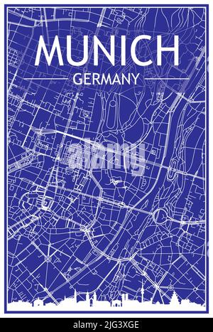 Stampa del disegno tecnico poster della città con skyline panoramico e rete di strade disegnate a mano su sfondo blu del centro di MONACO, GERMANIA Illustrazione Vettoriale