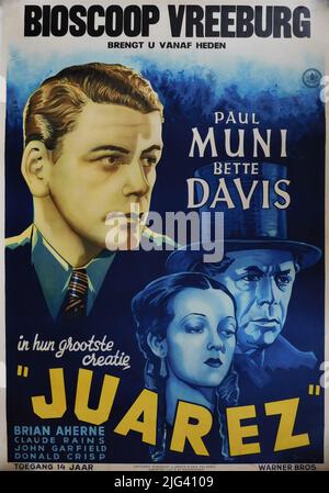 Poster olandese per PAUL MUNI e BETTE DAVIS in JUAREZ 1939 regista WILLIAM DIETERLE sceneggiatura John Huston Eneas MacKenzie e Wolfgang Reinhardt musica Erich Wolfgang Korngold Warner Bros. Foto Stock