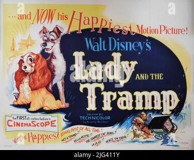 Original Release British Quad Poster for WALT DISNEY'S LADY AND THE TRAMP 1955 registi CLYDE GERONIMI WILFRED JACKSON e HAMILTON LUSKE dalla storia di Ward Greene Walt Disney Productions / Buena Vista Film Distribution Company Foto Stock