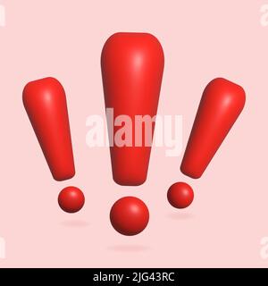 Segni rossi esclamativi. Icona realistica con 3D simboli. Illustrazione vettoriale isolata su sfondo bianco Illustrazione Vettoriale