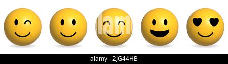 Set di emoticon giallo felice. Collezione di Emoji. Illustrazione vettoriale isolata su sfondo bianco Illustrazione Vettoriale