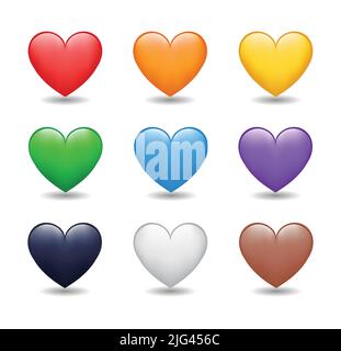 Icone del set di colori del cuore. Stile cartoon Love Symbol emoji. Rosso, arancione, giallo, verde, blu, cuori di colore viola, nero, bianco, marrone. Illustrazione Vettoriale