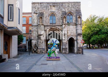 'Hero Hare', una scultura di Jenny Leonard nell'evento estivo Hares of Hampshire del Westgate Museum di High Street, Winchester Foto Stock