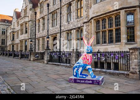 'Caring for the Natural World', una scultura di Raine Yeung nell'evento del percorso d'arte pubblico di Hares of Hampshire, Westgate Museum, Castle Avenue, Winchester Foto Stock