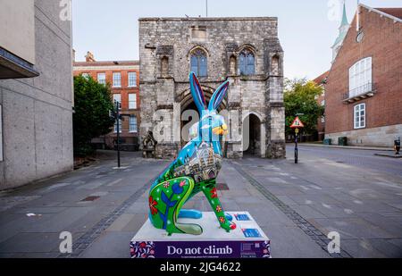 'Hero Hare', una scultura di Jenny Leonard nell'evento estivo Hares of Hampshire del Westgate Museum di High Street, Winchester Foto Stock