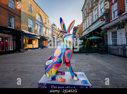 "Wavy Hare!", una scultura colorata di Amy Bourbon nell'evento estivo di Hares of Hampshire per il percorso d'arte pubblica ad High Street, Winchester Foto Stock