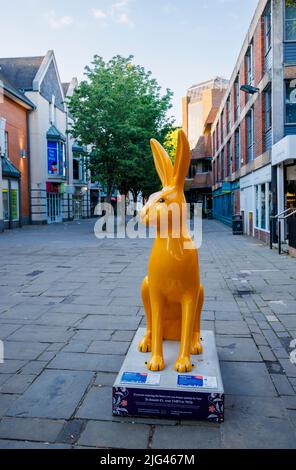 '24 Carrot Hare', una scultura di John Illsley nell'evento estivo di Hares of Hampshire per il percorso d'arte pubblica in Middle Brook Street, Winchester Foto Stock