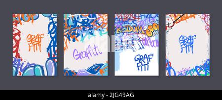 Poster Street art. Banner graffiti urbani, tag freestyle con spruzzi di vernice spray e sfondi vettoriali astratti impostati Illustrazione Vettoriale