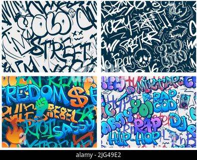Motivo Graffiti. Arte di strada sommossa astratta, YOLO urbano tag e hip-hop underground rap graffite vettore senza giunture sfondo set Illustrazione Vettoriale