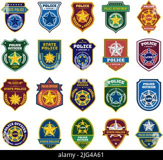 Badge della polizia. Firma ufficiale di sicurezza e reparto federale, badge del poliziotto di stato con set di vettori di simboli a stella Illustrazione Vettoriale